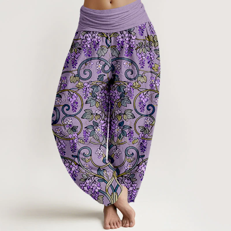 Pantaloni harem da donna con elastico in vita, stile retrò, in puro cotone, con splendidi glicini, motivo Buddha Stones - Image 6