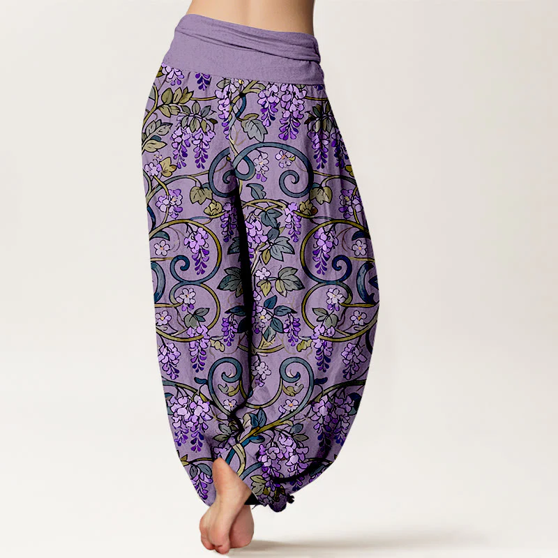 Pantaloni harem da donna con elastico in vita, stile retrò, in puro cotone, con splendidi glicini, motivo Buddha Stones - Image 7
