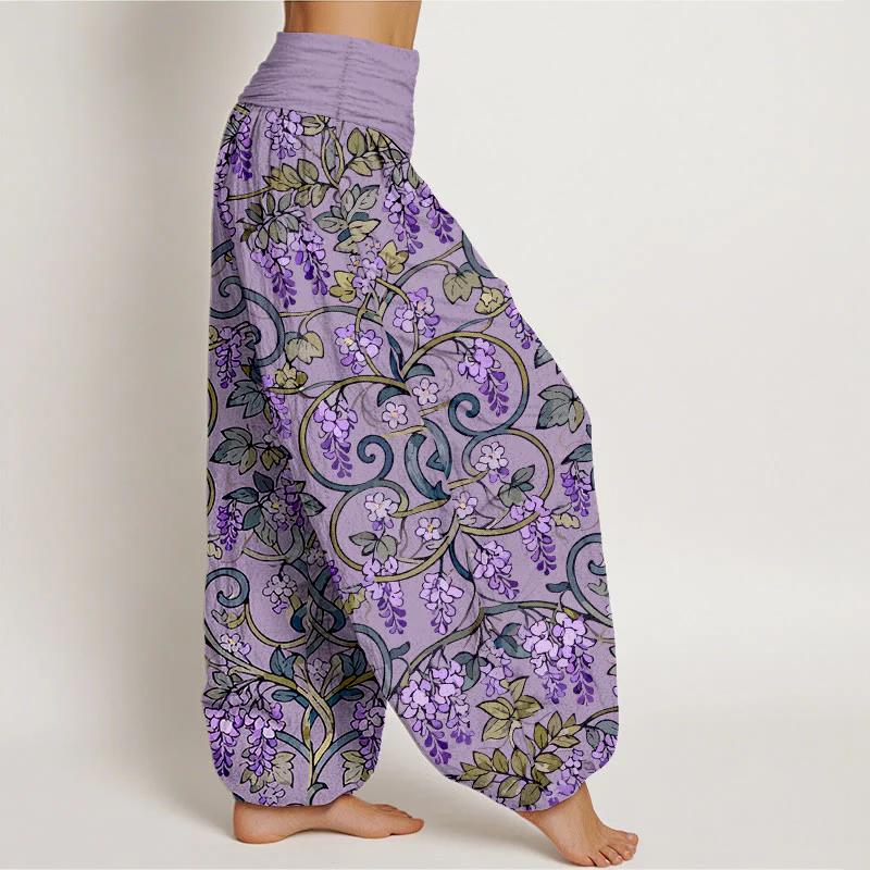 Pantaloni harem da donna con elastico in vita, stile retrò, in puro cotone, con splendidi glicini, motivo Buddha Stones - Image 8