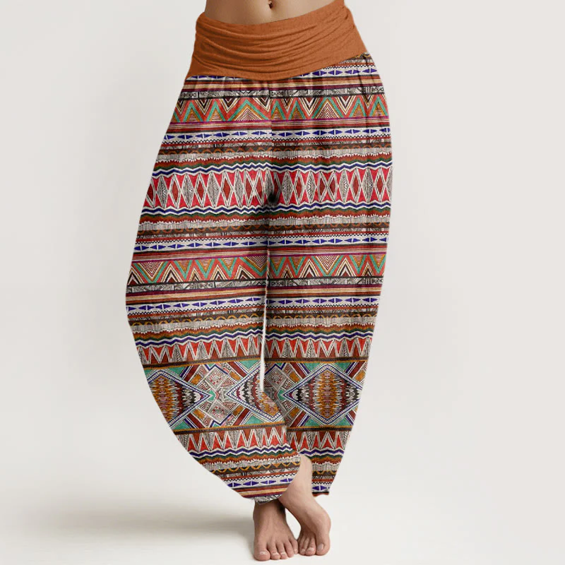 Pantaloni harem da donna con elastico in vita, in cotone, stile tribale, casual, motivo geometrico, motivo Buddha Stones