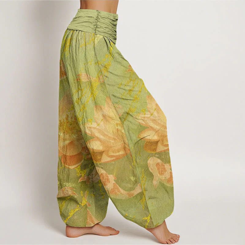 Pantaloni harem da donna in cotone con motivo a fiori di loto e pesci koi, stile casual, motivo Buddha Stones - Image 10