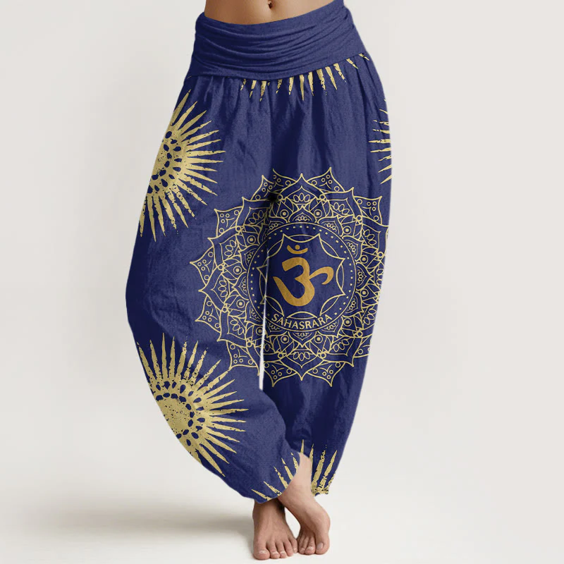Pantaloni harem da donna in cotone con motivo mandala, simbolo Om e sole, stile casual, motivo Buddha Stones - Image 5