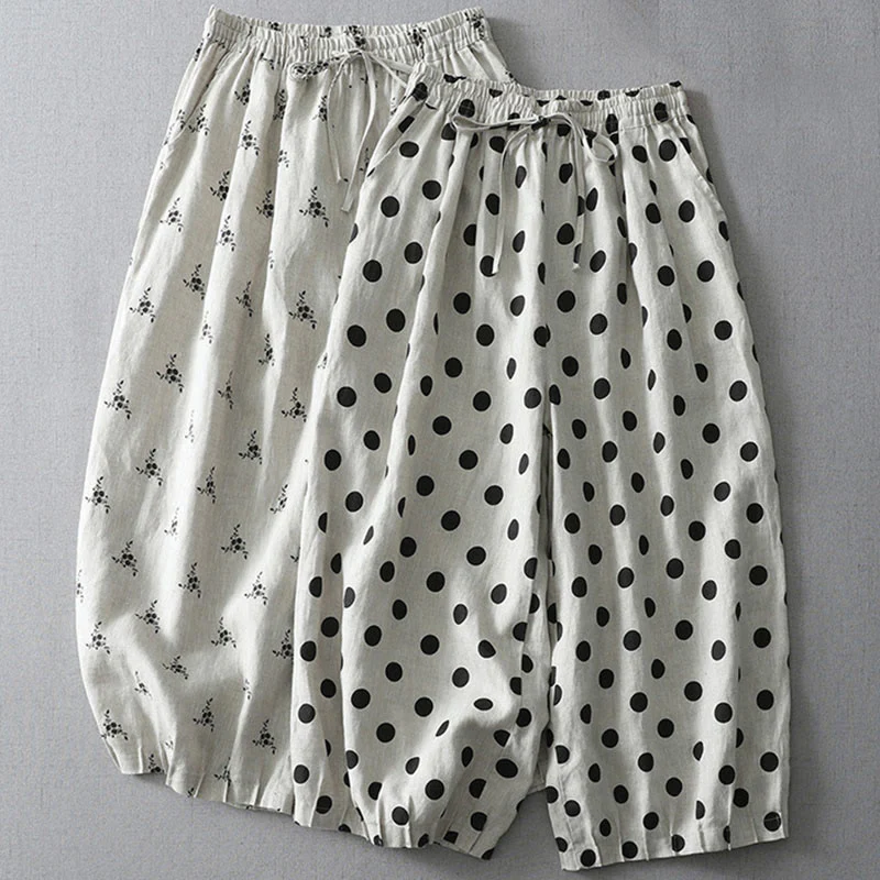 Pantaloni harem da donna in cotone e lino con tasche e motivo floreale a pois con Buddha Stones - Image 15