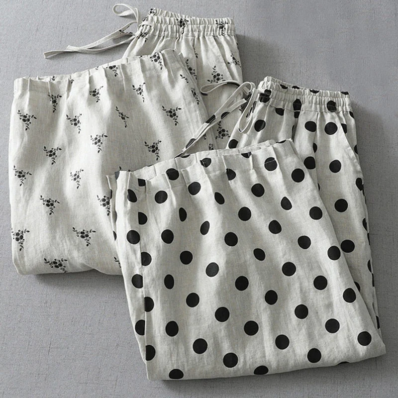 Pantaloni harem da donna in cotone e lino con tasche e motivo floreale a pois con Buddha Stones - Image 16