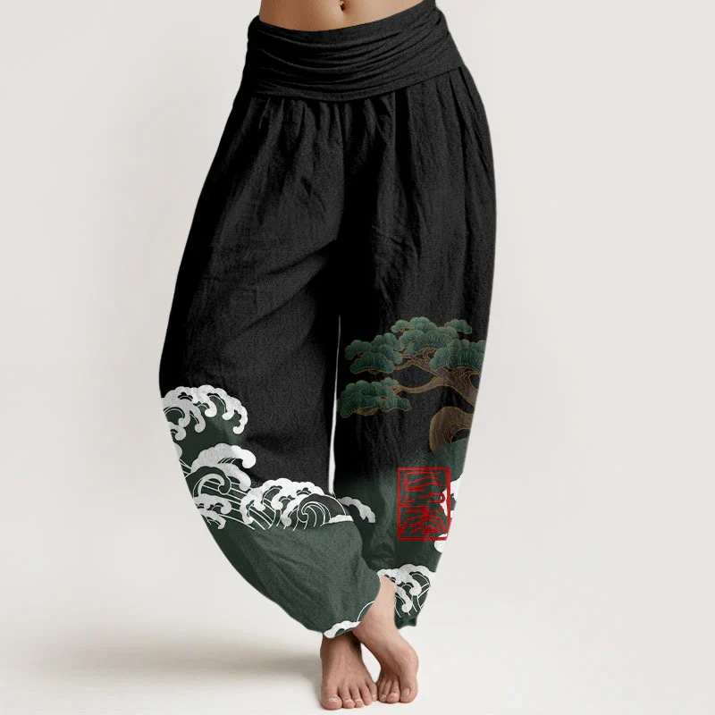 Pantaloni harem da donna in cotone puro con stampa Buddha Stones e motivo di onde ondulate e pini