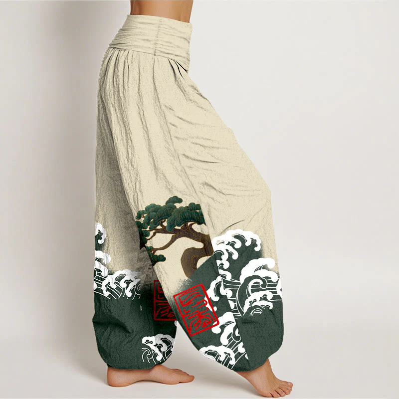 Pantaloni harem da donna in cotone puro con stampa Buddha Stones e motivo di onde ondulate e pini - Image 10