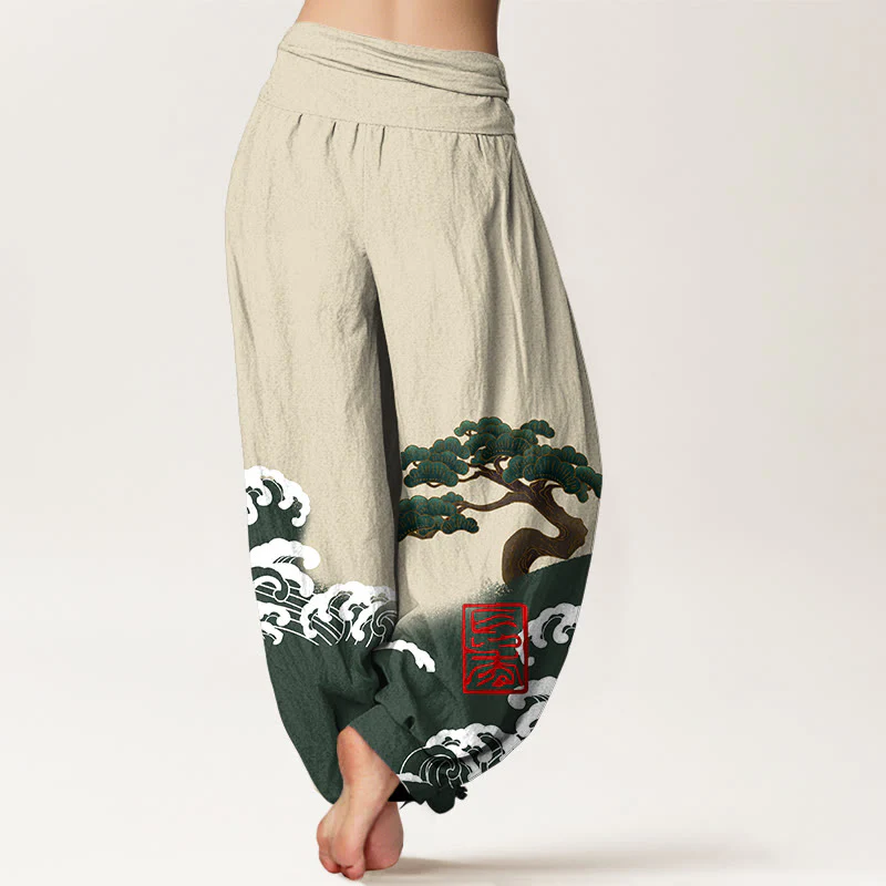 Pantaloni harem da donna in cotone puro con stampa Buddha Stones e motivo di onde ondulate e pini - Image 11