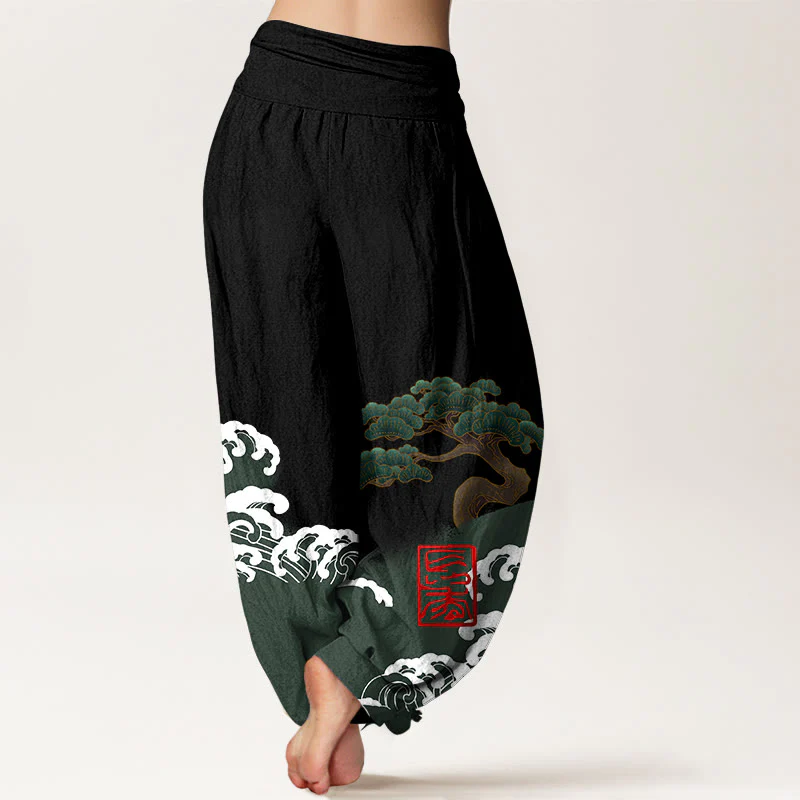 Pantaloni harem da donna in cotone puro con stampa Buddha Stones e motivo di onde ondulate e pini - Image 3