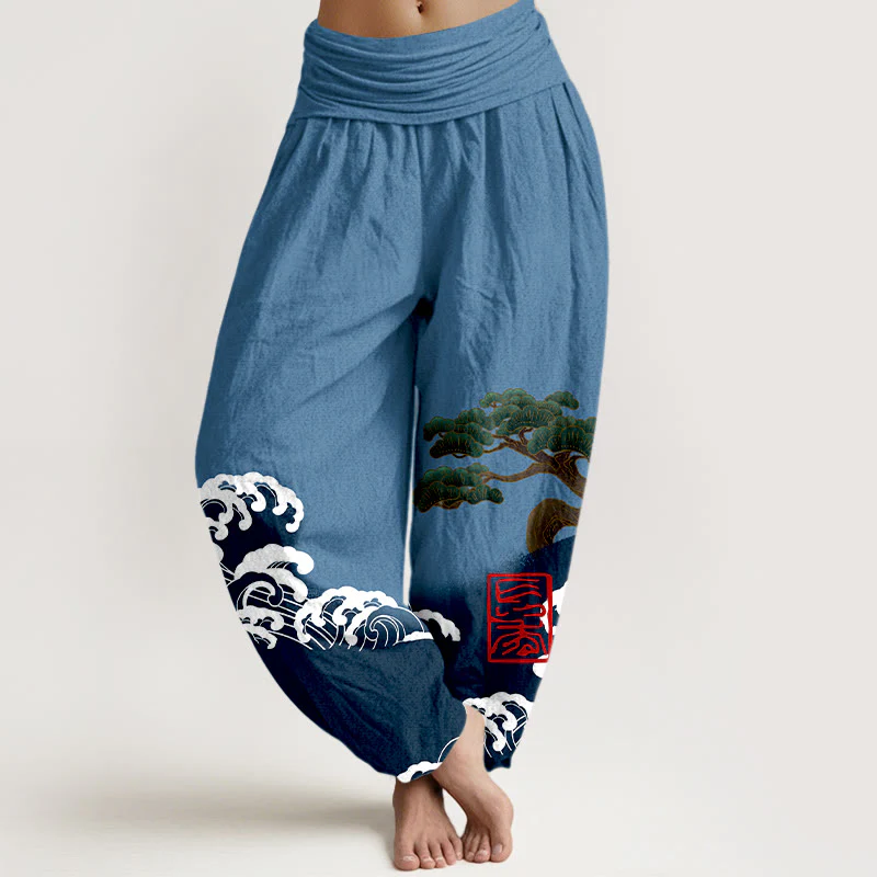 Pantaloni harem da donna in cotone puro con stampa Buddha Stones e motivo di onde ondulate e pini - Image 6