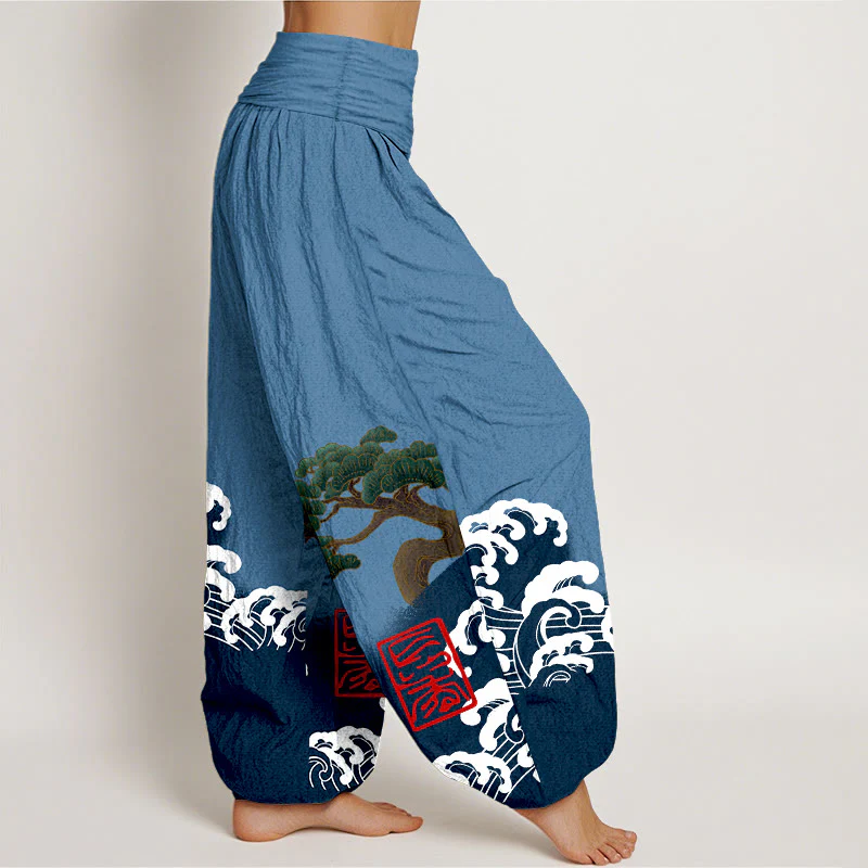 Pantaloni harem da donna in cotone puro con stampa Buddha Stones e motivo di onde ondulate e pini - Image 7