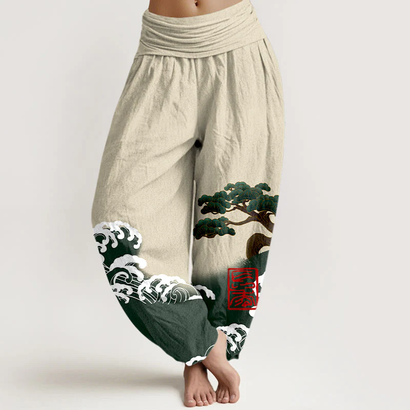 Pantaloni harem da donna in cotone puro con stampa Buddha Stones e motivo di onde ondulate e pini - Image 9