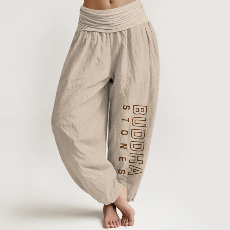 Pantaloni harem da donna in cotone puro tinta unita con scritta " Buddha Stones " Buddha Stones vita elastica