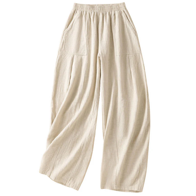 Pantaloni harem da donna in lino e cotone con tasche, a vita alta, con design semplice e semplice, motivo Buddha Stones - Image 11