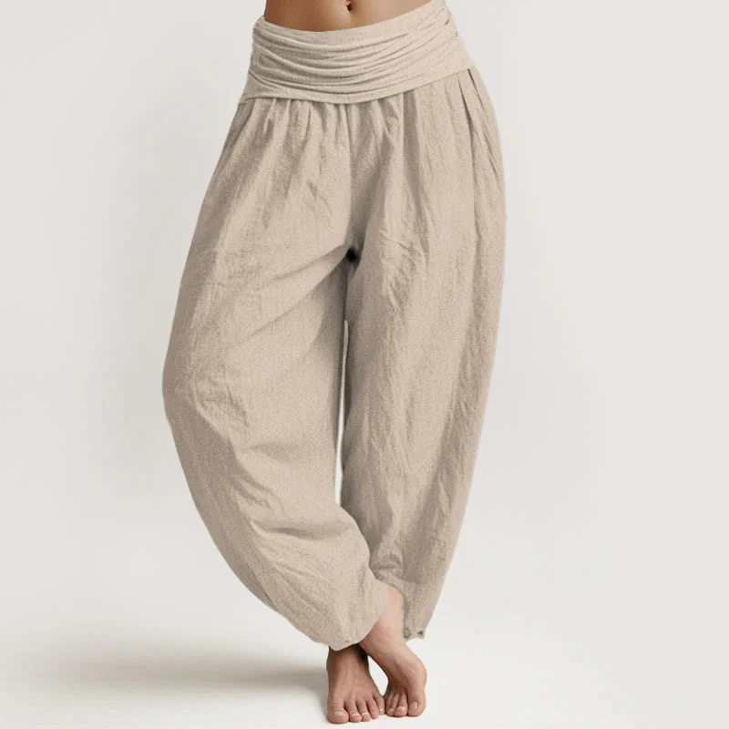 Pantaloni harem da donna in puro cotone con elastico in vita, color sabbia , Buddha Stones