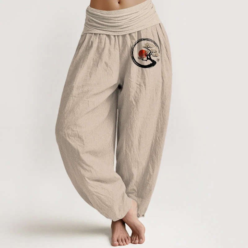 Pantaloni harem da donna in puro cotone con elastico in vita e motivo a carattere Zen Buddha Stones, albero di pino e sole rosso