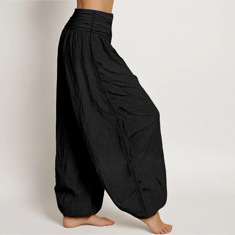 Pantaloni harem da donna in puro cotone con elastico in vita e motivo a carattere Zen Buddha Stones, albero di pino e sole rosso - Image 11