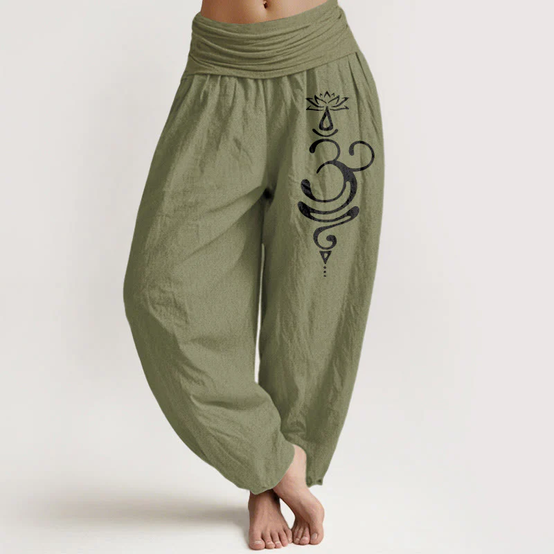 Pantaloni harem da donna in puro cotone con elastico in vita e motivo a fiori di loto Buddha Stones. - Image 15