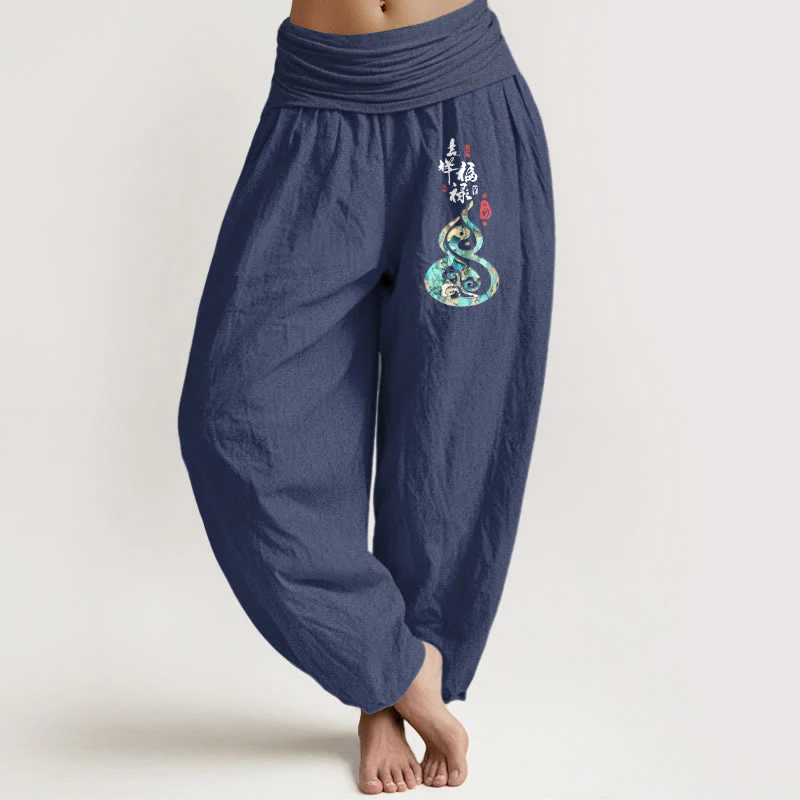 Pantaloni harem da donna in puro cotone con elastico in vita e motivo a zucca, motivo con caratteri cinesi Buddha Stones - Image 6