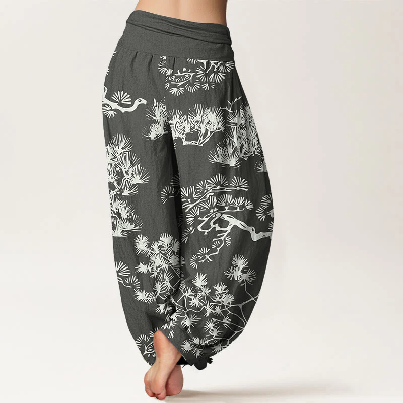 Pantaloni harem da donna in puro cotone con elastico in vita e rami di pino, motivo Buddha Stones - Image 2