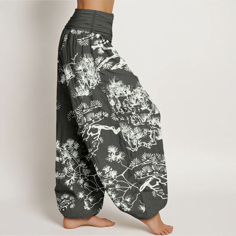 Pantaloni harem da donna in puro cotone con elastico in vita e rami di pino, motivo Buddha Stones - Image 3