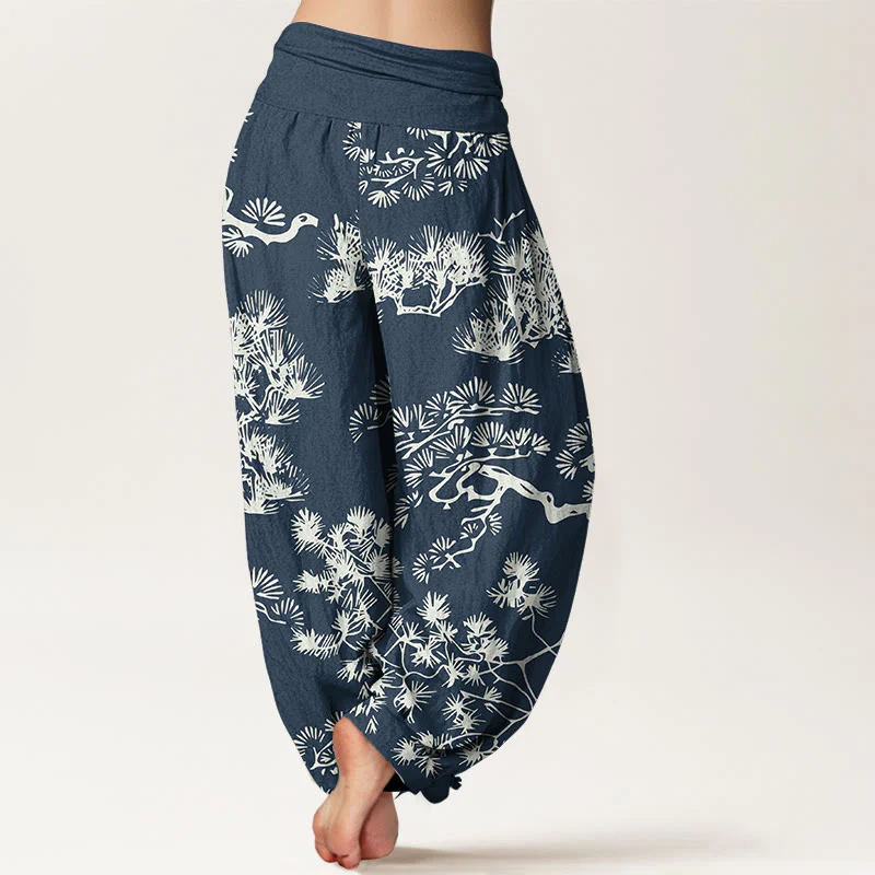 Pantaloni harem da donna in puro cotone con elastico in vita e rami di pino, motivo Buddha Stones - Image 7