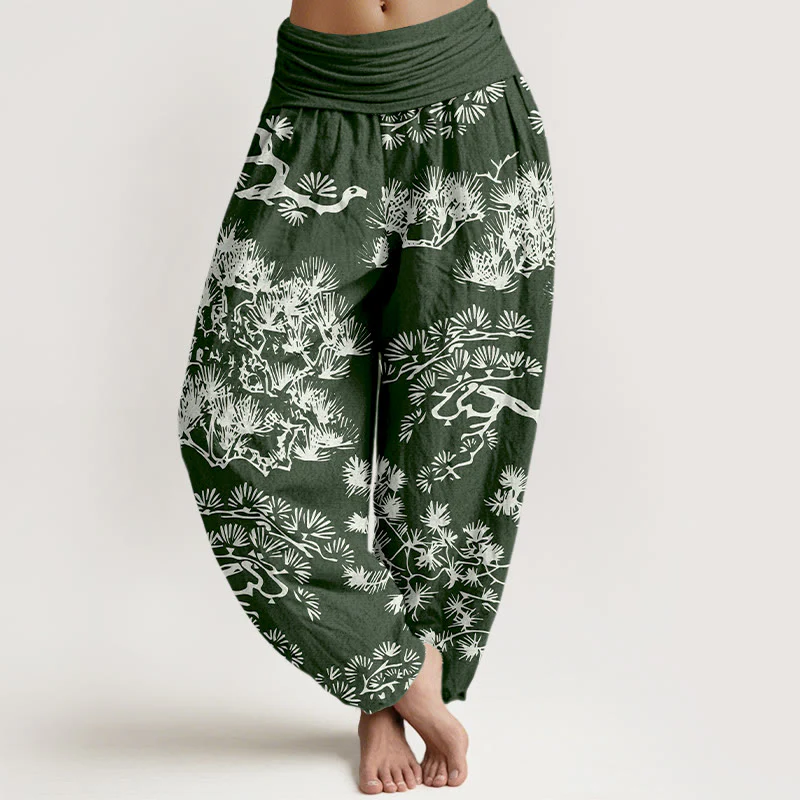 Pantaloni harem da donna in puro cotone con elastico in vita e rami di pino, motivo Buddha Stones - Image 9