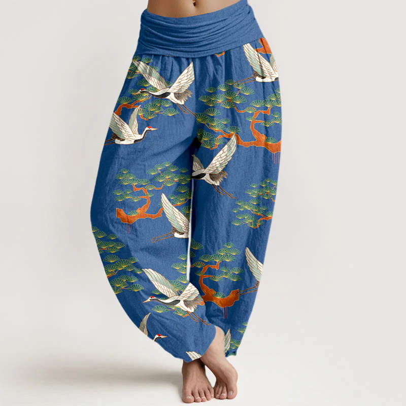 Pantaloni harem da donna in puro cotone con elastico in vita e stampa Buddha Stones, motivo di pino e gru