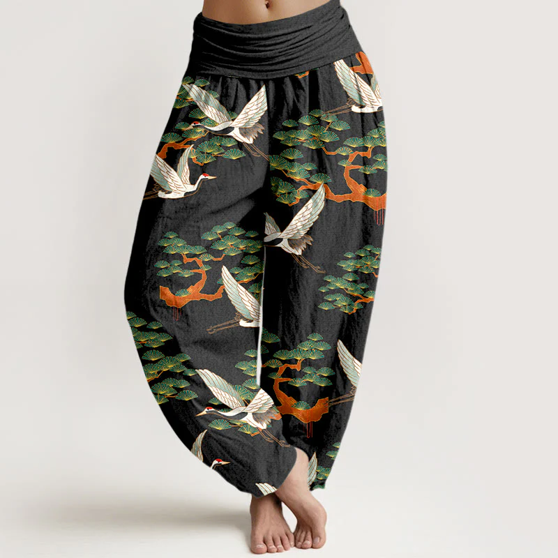 Pantaloni harem da donna in puro cotone con elastico in vita e stampa Buddha Stones, motivo di pino e gru - Image 10
