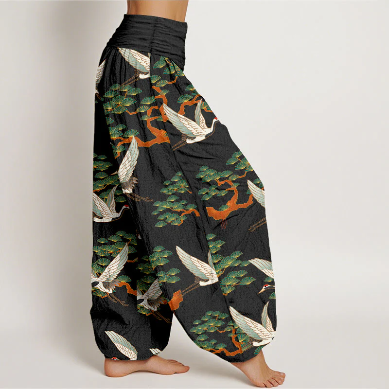 Pantaloni harem da donna in puro cotone con elastico in vita e stampa Buddha Stones, motivo di pino e gru - Image 11