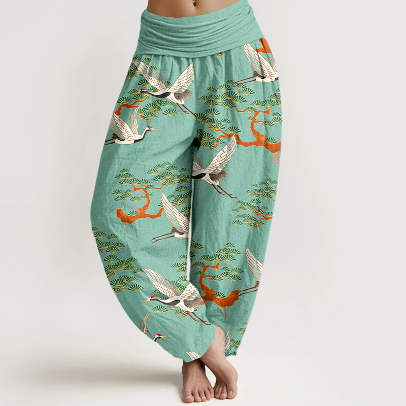 Pantaloni harem da donna in puro cotone con elastico in vita e stampa Buddha Stones, motivo di pino e gru - Image 6