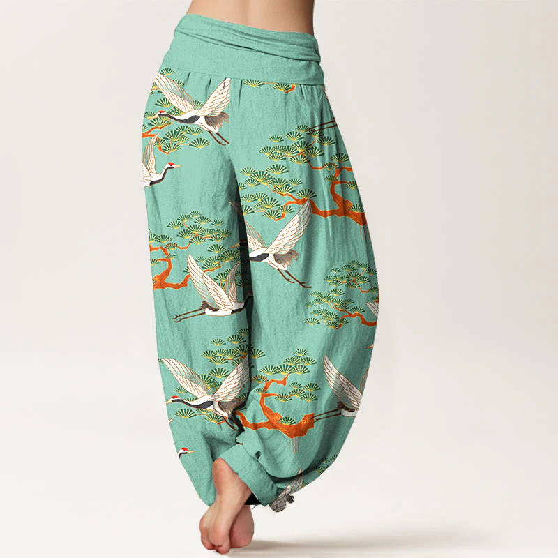 Pantaloni harem da donna in puro cotone con elastico in vita e stampa Buddha Stones, motivo di pino e gru - Image 7