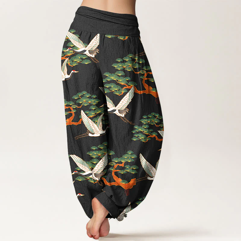 Pantaloni harem da donna in puro cotone con elastico in vita e stampa Buddha Stones, motivo di pino e gru - Image 9