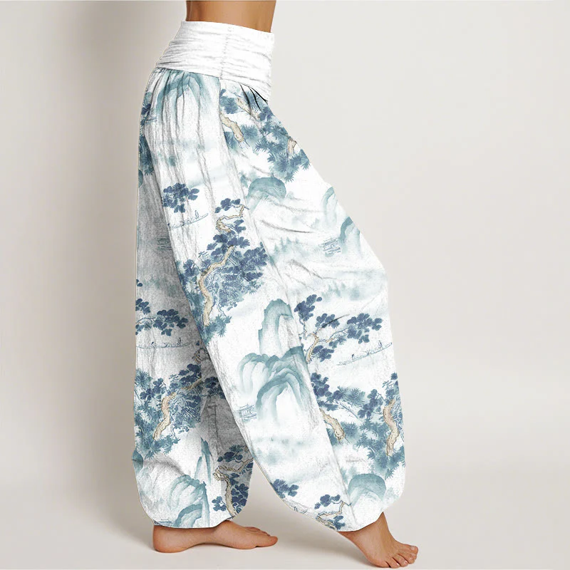 Pantaloni harem da donna in puro cotone con elastico in vita e stampa di Buddha Stones, pini, montagne - Image 10