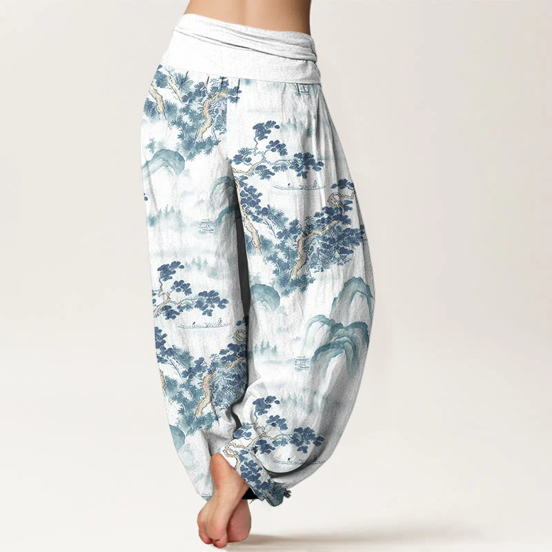 Pantaloni harem da donna in puro cotone con elastico in vita e stampa di Buddha Stones, pini, montagne - Image 11
