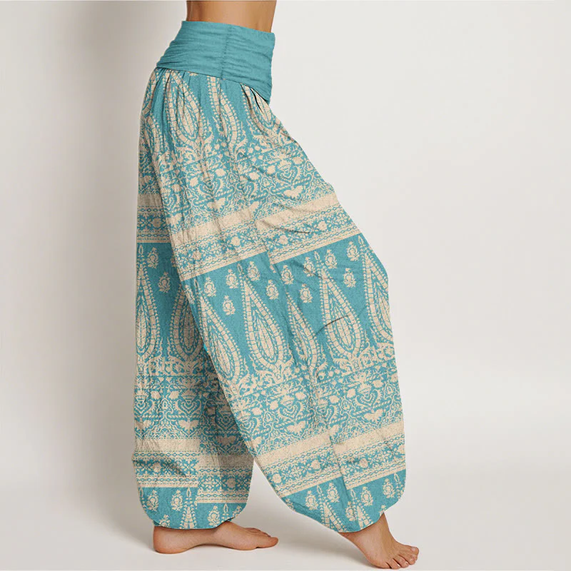 Pantaloni harem da donna in puro cotone con elastico in vita, motivo a strisce di piume, stile casual, motivo Buddha Stones - Image 3