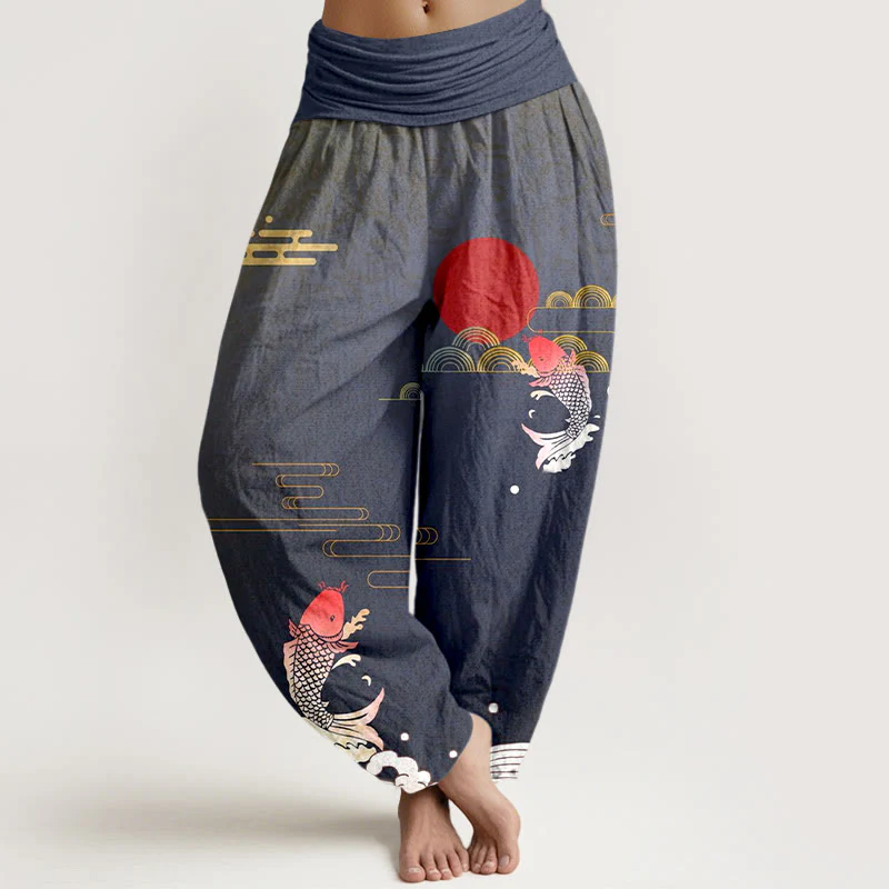 Pantaloni harem da donna in puro cotone con elastico in vita, motivo Buddha Stones Koi Fish, sole rosso, onde e nuvole