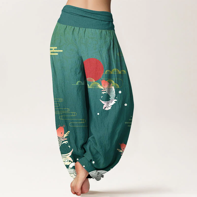 Pantaloni harem da donna in puro cotone con elastico in vita, motivo Buddha Stones Koi Fish, sole rosso, onde e nuvole - Image 10