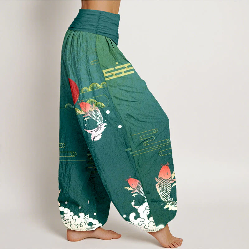 Pantaloni harem da donna in puro cotone con elastico in vita, motivo Buddha Stones Koi Fish, sole rosso, onde e nuvole - Image 11