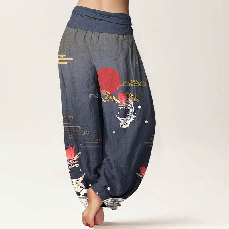 Pantaloni harem da donna in puro cotone con elastico in vita, motivo Buddha Stones Koi Fish, sole rosso, onde e nuvole - Image 2