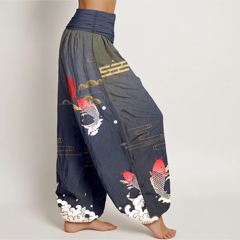 Pantaloni harem da donna in puro cotone con elastico in vita, motivo Buddha Stones Koi Fish, sole rosso, onde e nuvole - Image 3