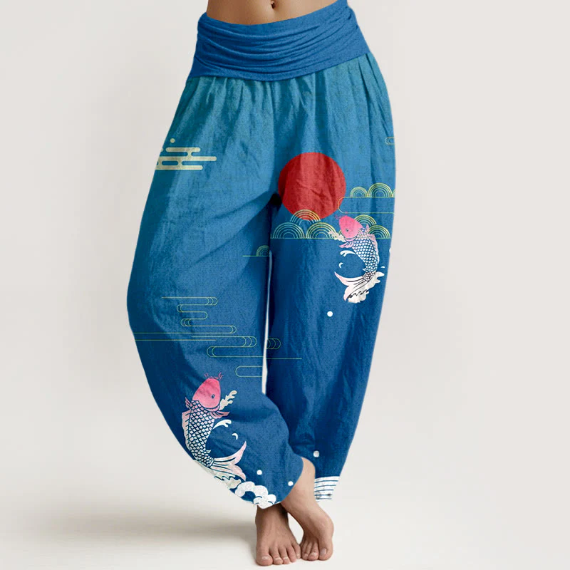 Pantaloni harem da donna in puro cotone con elastico in vita, motivo Buddha Stones Koi Fish, sole rosso, onde e nuvole - Image 6