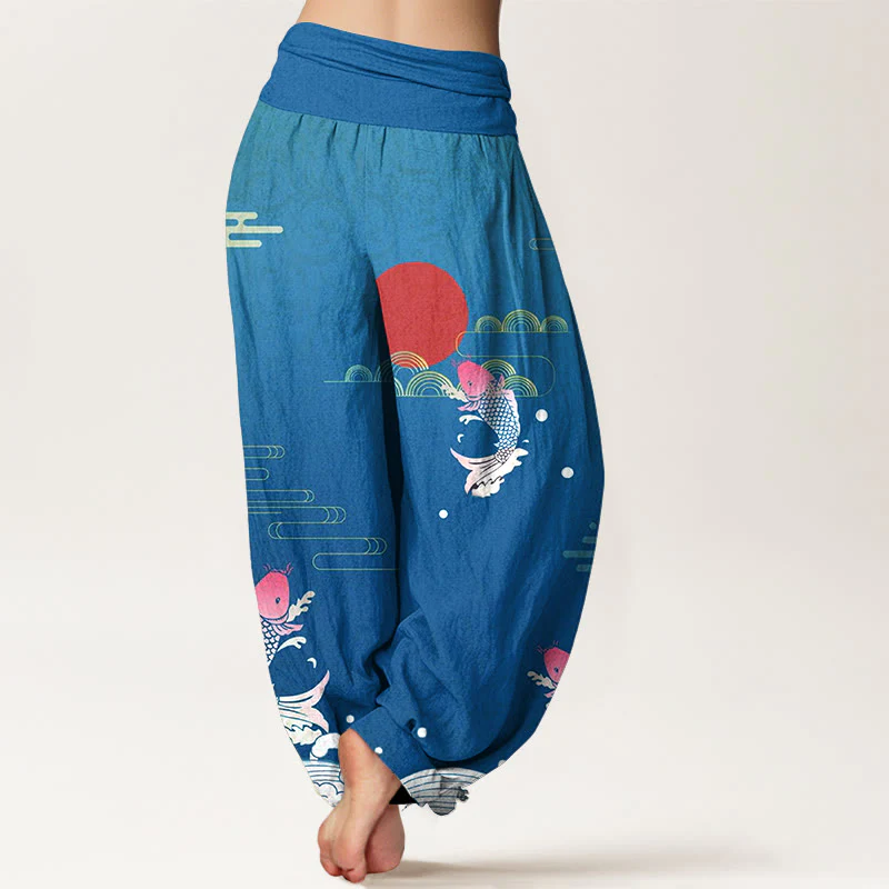 Pantaloni harem da donna in puro cotone con elastico in vita, motivo Buddha Stones Koi Fish, sole rosso, onde e nuvole - Image 7