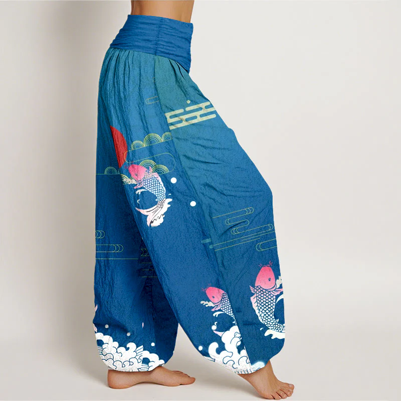 Pantaloni harem da donna in puro cotone con elastico in vita, motivo Buddha Stones Koi Fish, sole rosso, onde e nuvole - Image 8