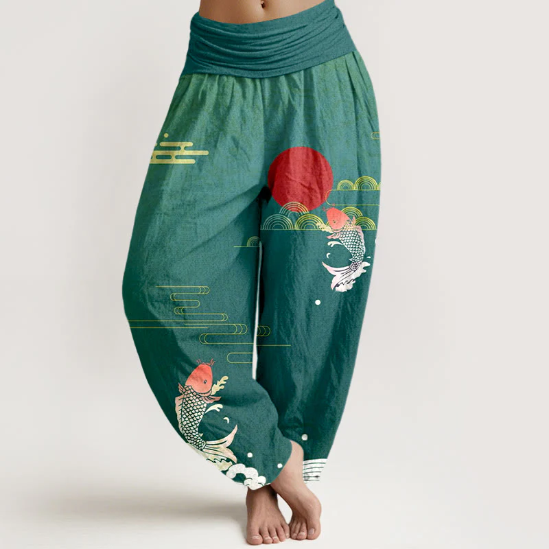 Pantaloni harem da donna in puro cotone con elastico in vita, motivo Buddha Stones Koi Fish, sole rosso, onde e nuvole - Image 9