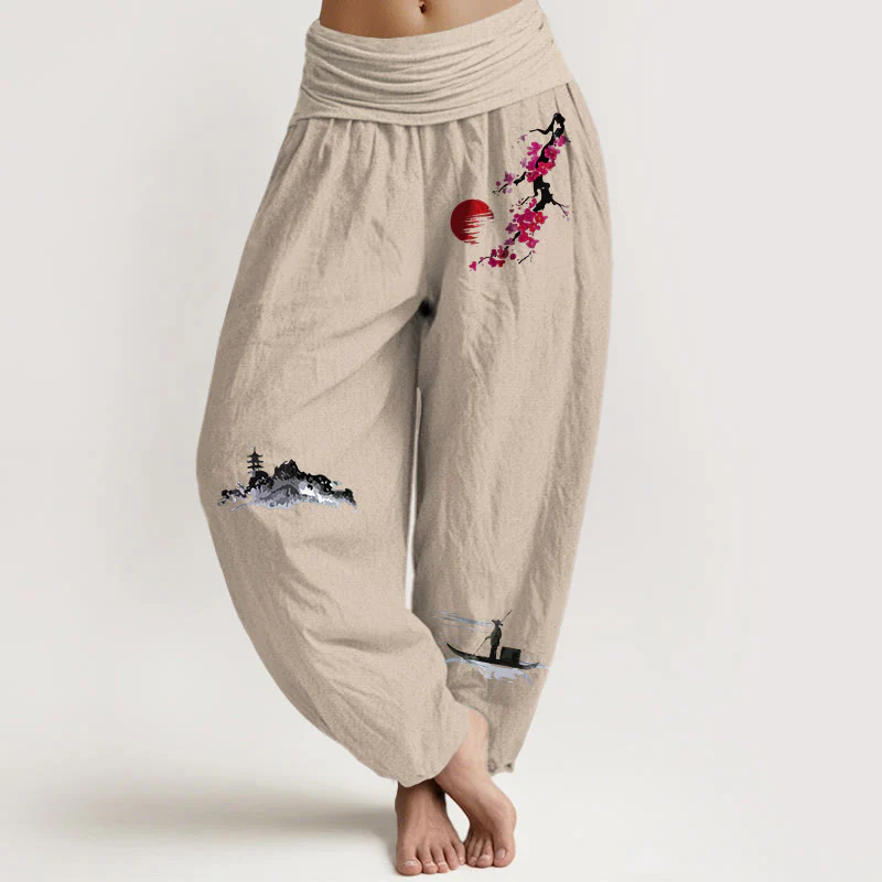 Pantaloni harem da donna in puro cotone con elastico in vita, motivo Buddha Stones Plum Blossoms Mountain Fisherman