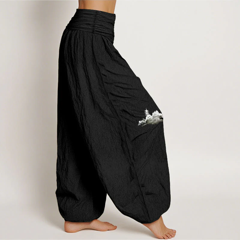 Pantaloni harem da donna in puro cotone con elastico in vita, motivo Buddha Stones Plum Blossoms Mountain Fisherman - Image 11