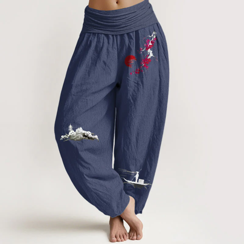 Pantaloni harem da donna in puro cotone con elastico in vita, motivo Buddha Stones Plum Blossoms Mountain Fisherman - Image 12