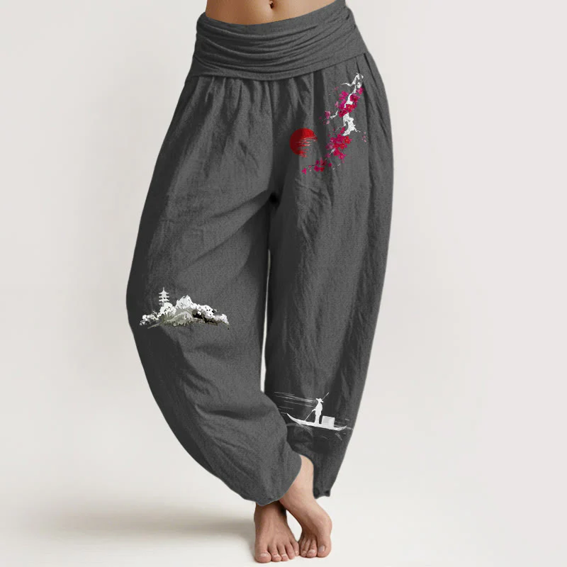 Pantaloni harem da donna in puro cotone con elastico in vita, motivo Buddha Stones Plum Blossoms Mountain Fisherman - Image 15