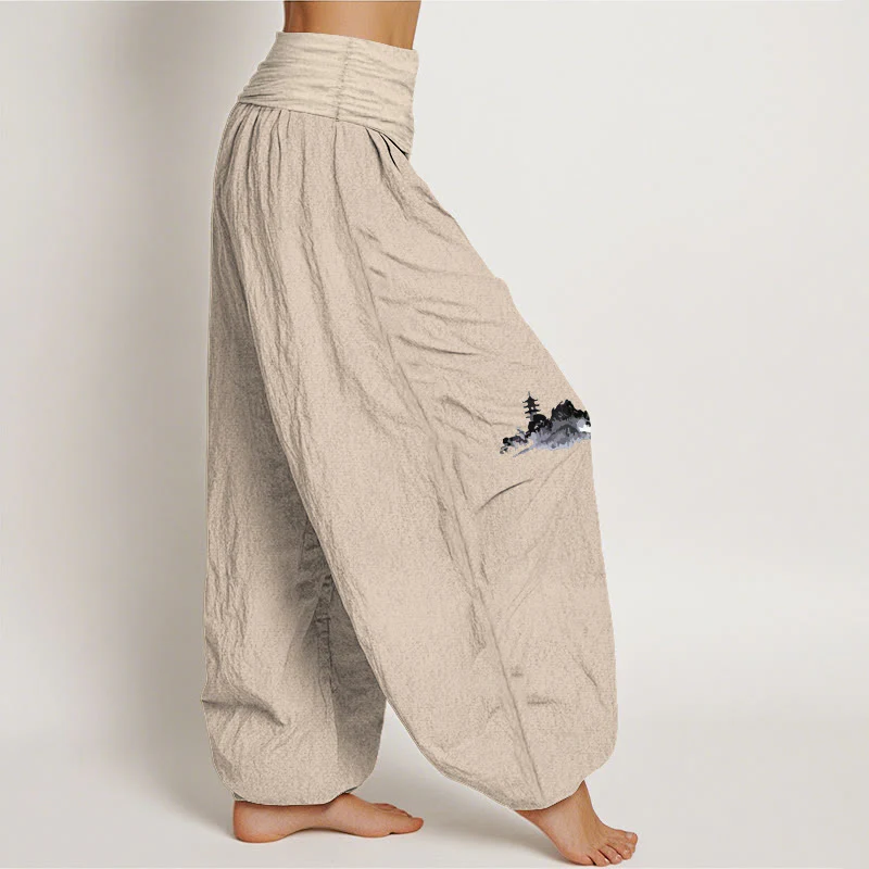 Pantaloni harem da donna in puro cotone con elastico in vita, motivo Buddha Stones Plum Blossoms Mountain Fisherman - Image 3