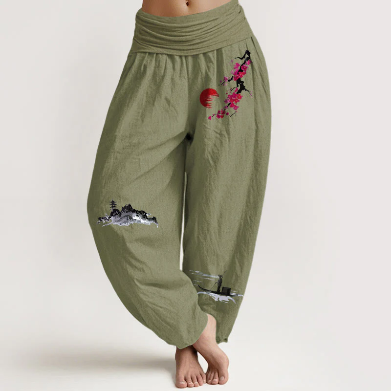 Pantaloni harem da donna in puro cotone con elastico in vita, motivo Buddha Stones Plum Blossoms Mountain Fisherman - Image 6